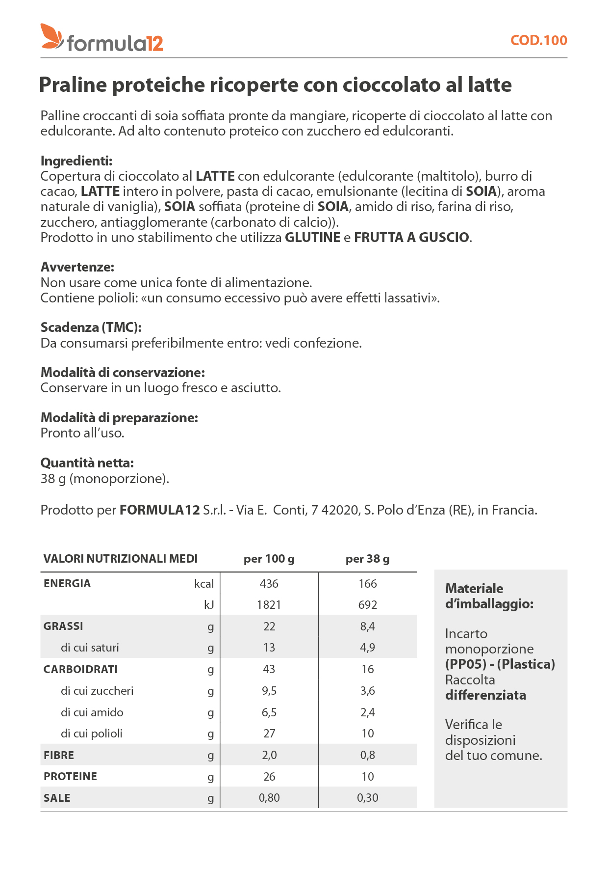 100_ Praline proteiche di cioccolato al latte